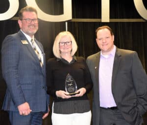 SGTC GOAL winner Barbara Chestnut receives her award from SGTC President Dr. John Watford (left) and Assistant Vice President of Student Affairs Josh Curtin.