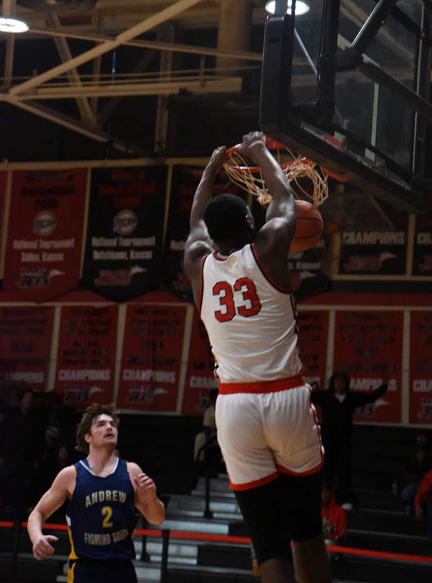 Matt Mbole, 33, also tied for top scoring honors for the Jets in the win over Andrew College. He came off the bench and put up 12 points and had 10 rebounds.