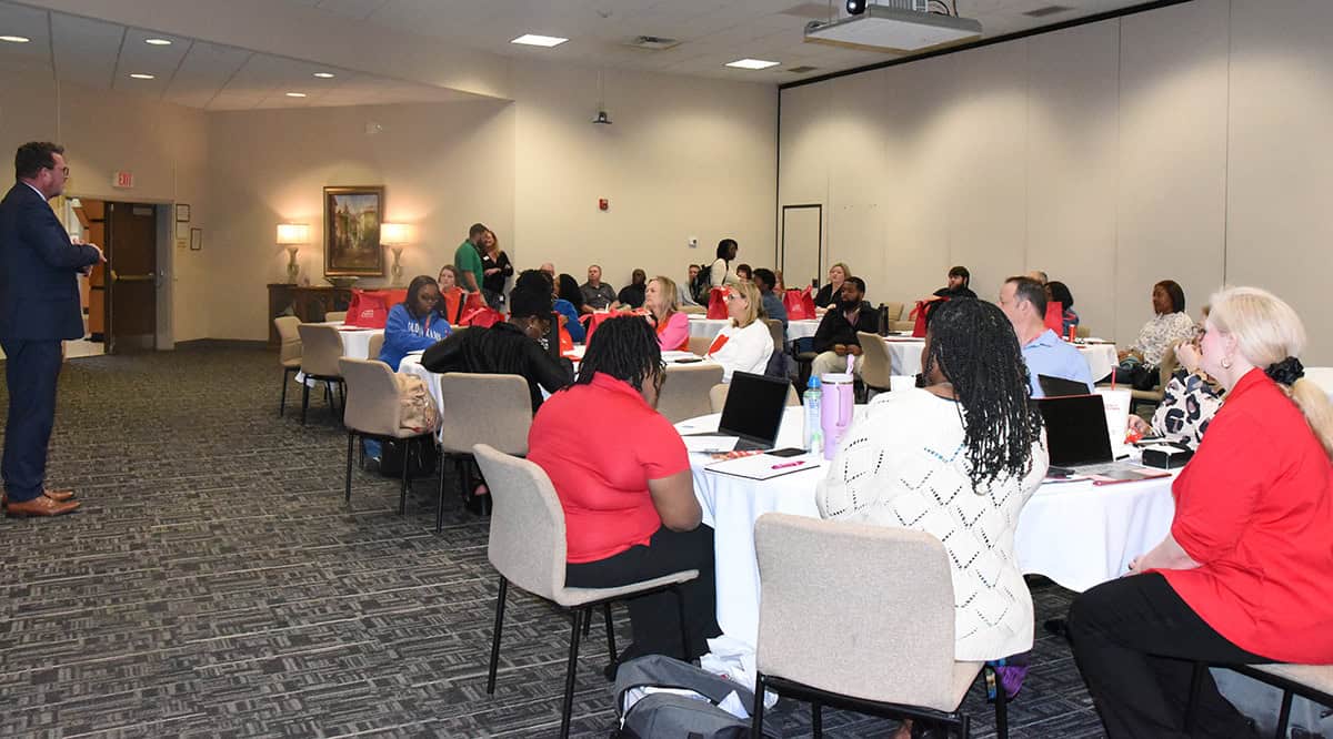 South Georgia Technical College President Dr. John Watford and Chattahoochee Flint RESA STEM Director Heidi Goodin are shown above talking with the counselors from several systems in the Chattahoochee Flint RESA service area.