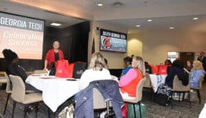 Chattahoochee Flint RESA STEM Director Heidi Goodin are shown above talking with the counselors from several systems in the Chattahoochee Flint RESA service area.