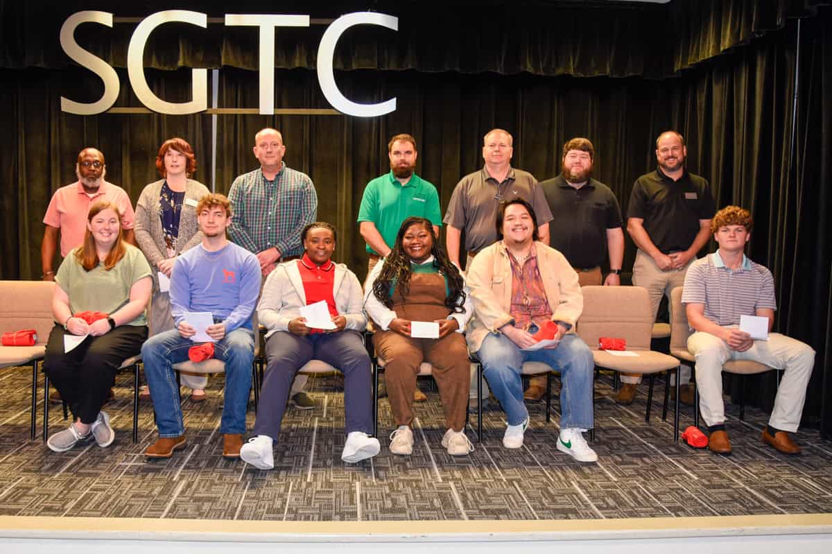 Pictured are nominees for SGTC Student of excellence and their instructors. Seated (l-r) are Kylie Underwood, Kyler Walton, Dy’asiah McCoy, Keinosia Brown, Philip Quillope, and Johnathan Giese. Standing (l-r) are instructors Johnny Griffin, Kristie Hudson, Patrick Owen, Brandon Gross, Mike Collins, Jake Pittman and Ted Eschmann.