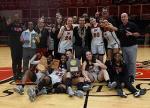 The SGTC Lady Jets defeat East Georgia in the GCAA – NJCAA Region XVII Championship game to earn the opportunity to advance to the NJCAA Division I women’s basketball tournament in Casper, Wyoming. They are shown here with the GCAA and NJCC Region XVII plaques.